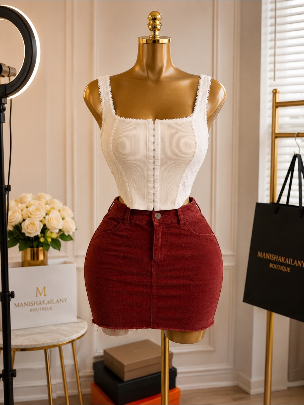 High-Waist Wine Red Corduroy Mini Skirt